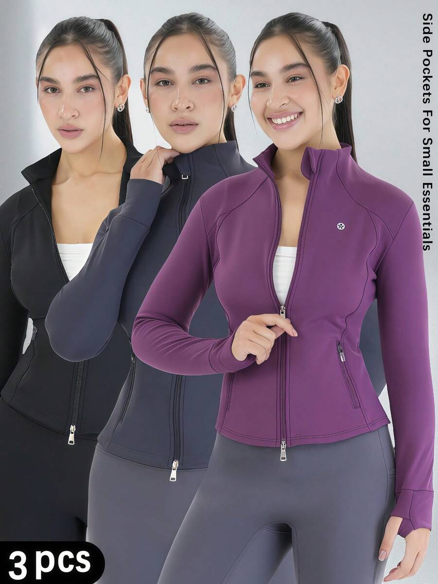 Chaqueta de manga larga con bolsillo de con cremallera, ajuste ceñido y de alto rendimiento para mujer, ideal para yoga de bajo impacto, actividades diarias y deportes al aire libre, Pilates - Multicolor - Ver 1