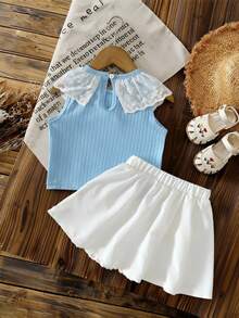 2pcs Girls Casual Sleeveless Embroidered Collar Ribbed Tank Top And Elastic Waist Short Loose White Skirt Set - Blue - View 2