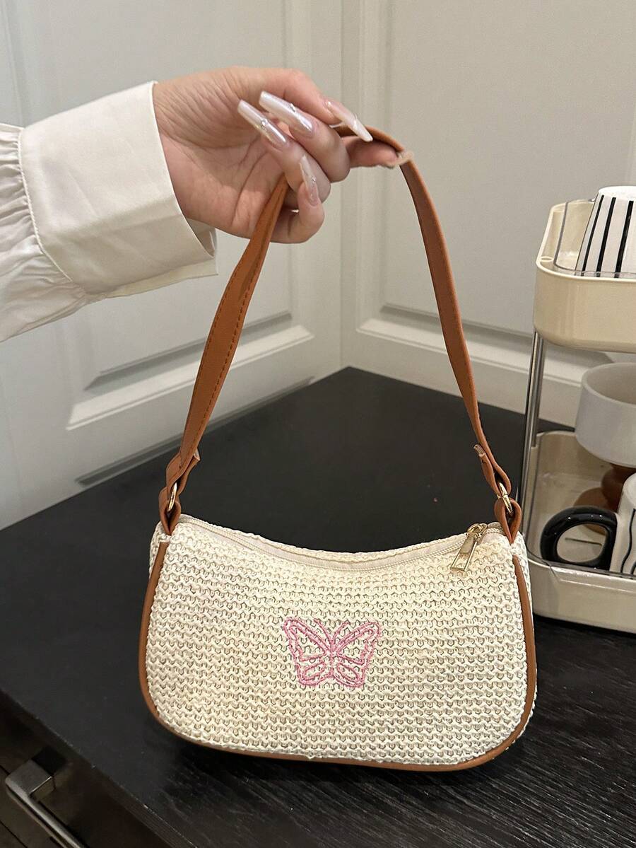 Summer Classic Straw Underarm Bag, New Casual Commute One Shoulder Crossbody Square Bag With Bow Embroidery Woven Design For Women - Beige - View 1
