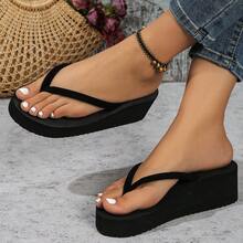 新款黑色人字拖，厚底坡跟凉鞋，绒面革厚底显瘦拖鞋，适合居家、游泳、夏季海滩、度假等场合。 - 黑色 - 查看 2