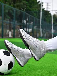 1 Pair High-Top Football Shoes, Studded TF Soles, Anti-Slip, For Students & Professional Training/Match - Silver - View 2