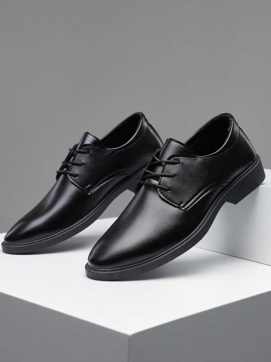 New Men's Business Formal Pointed Toe Leather Shoes, Casual Lace-Up Fashion Office Shoes Suitable For Mature Formal Occasions - Black - View 1