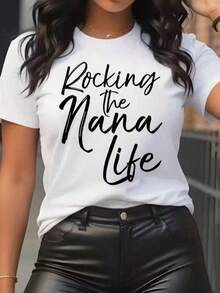 [Mother's Day Gift, Rocking The Nana Life] Soft & Comfortable Women's T-Shirt - Rocking The Nana Life Casual Short Sleeve Round Neck Top, Black With White Letter Print, Perfect Mother's Day Gift For Grandma, Spring Casual Wear - 白色 - 查看 1