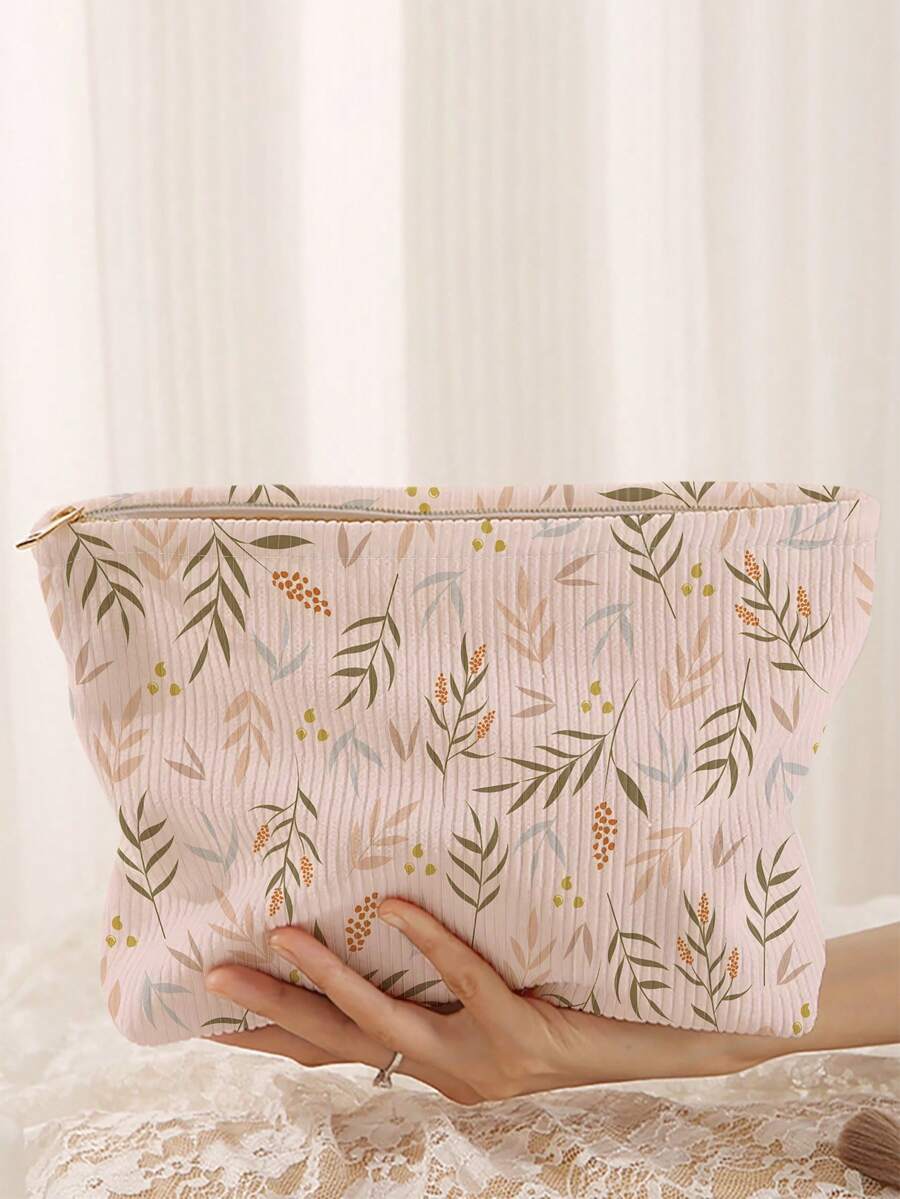 1pc Portable Leaf Pattern Printed Cosmetic Bag, Double-Sided Zipper Travel Makeup Organizer, Multi-Function Toiletry Storage Pouch - Multicolor - View 1