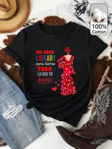 春夏女款弗拉明戈波點圖案T卹，休閒短袖100%純棉柔軟舒適T卹，Y2K街頭風西班牙標語印花上衣，夏季時尚T卹，適合休閒夏季穿著 - 黑色 2 - 查看 1