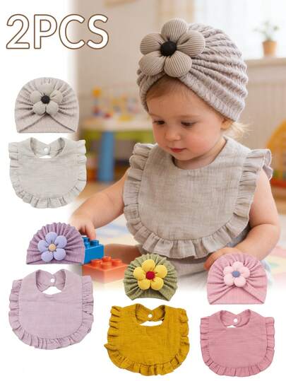 Bộ 2 mũ và yếm cho bé, mũ len và yếm chống nước dãi cho trẻ sơ sinh, mũ họa tiết hoa, yếm xếp ly, thích hợp cho chụp ảnh sơ sinh, tiệc mừng em bé, mềm mại và thân thiện với da, yếm chống văng nước dãi, nhiều màu sắc để lựa chọn.