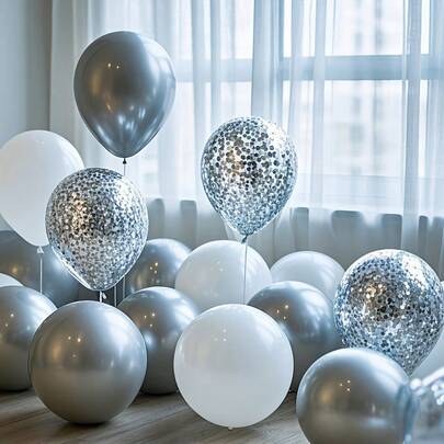30 quả bóng bay cao su màu bạc và trắng kèm kim tuyến, kích thước 10 inch, thích hợp cho sinh nhật, đám cưới, tiệc đính hôn, kỷ niệm, trang trí tiệc năm mới, tiệc tốt nghiệp, tiệc độc thân.