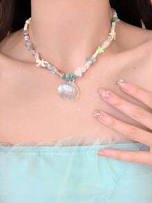 1件夏季沙滩多巴胺海星贝壳吊坠项链，时尚锁骨链配饰 - 彩色 - 查看 2