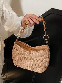 New Summer Niche Design Straw Underarm Beach Bag, Chain Minimalist Fashion Handwoven Shoulder Bag - Khaki - View 7