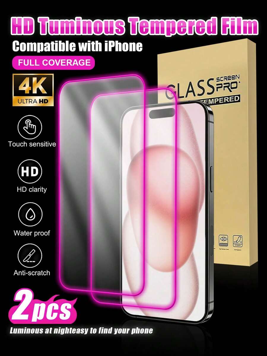 Tempered Glass Screen Protector 2pcs Glow-In-The-Dark Purple Framed High-Definition Tempered Glass Screen Protector, 4K Clear Display, Anti-Scratch, Anti-Fingerprint, Compatible With Apple 11/12/13/14/15 Pro Max/16 Plus/16 Pro/16 Pro Max/16e/17/17 Air/17 Pro/17 Pro Max Spring Gift