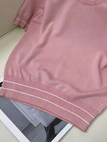 New Knit Versatile Colorblock Round Neck Short Sleeve Casual Slim Loose Cropped Top Spring - Baby Pink - View 3