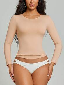 Áo thun nữ tay dài cổ tròn, chất liệu co giãn cao cấp, ôm nhẹ vùng bụng, dáng suông, thích hợp mặc thường ngày. - Màu be - Xem 4