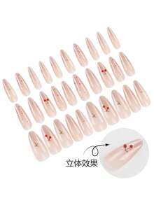 30片水滴形美甲貼，極簡圓點印花設計，3D紅色櫻桃裝飾，全覆蓋美甲貼片，附果凍膠與美甲搓條，可重複使用，適合日常佩戴，提升指甲優雅感 - 彩色 - 查看 4