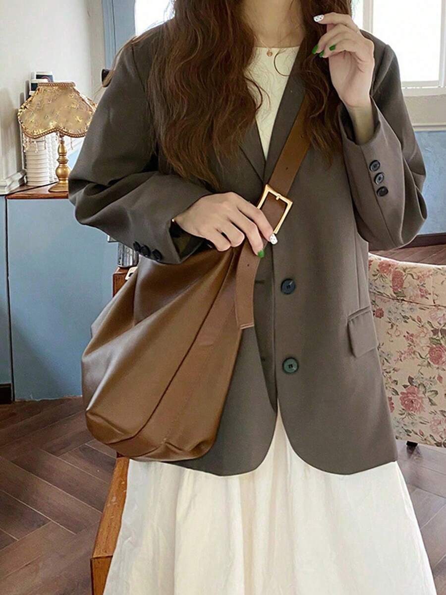 Soft Minimalist Style Shoulder Bag, Large Size - Brown - View 1