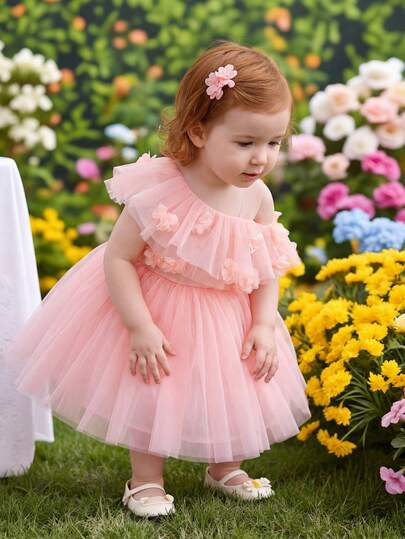 Girls' Floral 3D Mesh Princess Dress, Spring/Summer New, Pink One Shoulder Puffy Skirt, Children's Party Dress, Little Girl Princess Dress, Puffy Tulle Dress, Birthday Party Dress, Flower Girl Dress, Wedding/Banquet/Performance Dress, Photoshoot Dress, Festival Celebration Outfit, Sweet Fairy Style