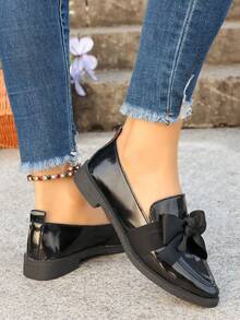 Preppy Style Ribbon Bow Patent Leather Pointed Toe Slip-On Shoes, Suitable For Office, Casual Wear, All Seasons - Black - View 6