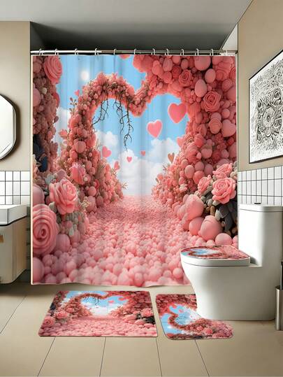 1/3/4pcs Wedding Season Pink Heart Flower Border Bathroom Set, Multi-Size Set. Home Decoration, Bathroom Curtains, Bathroom Sets, Including Shower Curtains, Bathroom Shower Curtain Sets. Decorative Bathroom Combination Includes Shower Curtains, U-Shaped Toilet Seat Covers, Non-Slip Mats, Toilet Cover Covers, And Comes With 12 Shower Curtain Hooks, Suitable For Weddings, Anniversaries, And Theme Decorations.