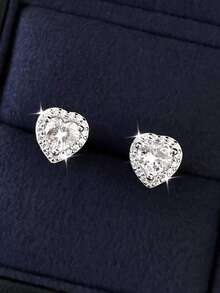 1 Pair S925 Sterling Silver Hypoallergenic Sparkling Heart Cubic Zirconia Stud Earrings, Elegant Petite Versatile Earrings, Suitable For Daily Wear, Vacation, Valentine's Day, Birthday Gift For Women - Silver - View 6