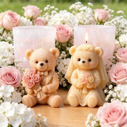 婚礼小熊蜡烛模具硅胶款 - 3D浪漫情侣熊蜡模，适用于DIY蜡烛制作、肥皂、树脂工艺品，婚礼和周年纪念礼物