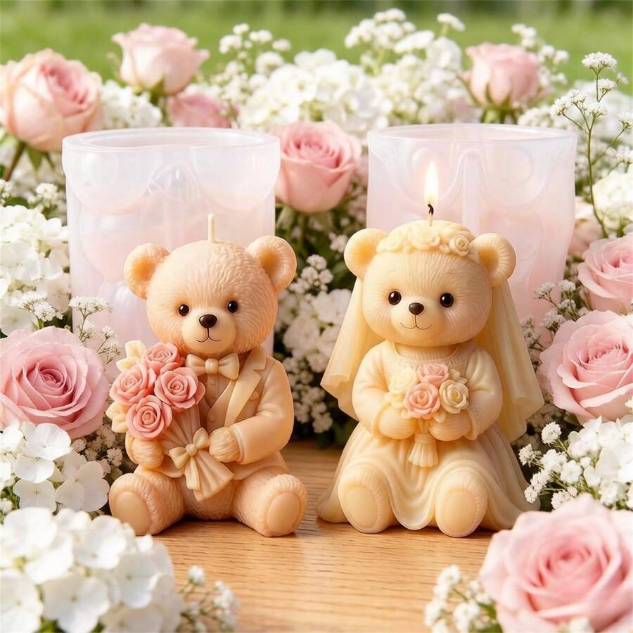 婚礼小熊蜡烛模具硅胶款 - 3D浪漫情侣熊蜡模，适用于DIY蜡烛制作、肥皂、树脂工艺品，婚礼和周年纪念礼物 - Wedding Bear - 查看 1