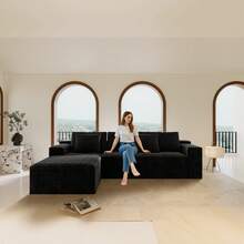 Sofá seccional modular de 104.3*68.9", sofá tapizado y comprimido para sala de estar, dormitorio, apartamento, no requiere montaje, combinación libre de 2 piezas, tela de pana afelpada, NEGRO - 1 - Ver 12