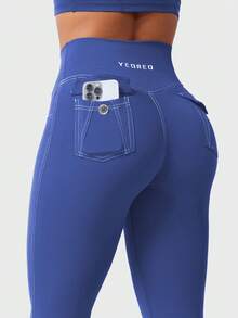 YEOREO CoreFlex Women Workout Mini Flare Leggings With Pockets Hidden Scrunch Cargo Gym Casual Denim-Look Yoga Pants Summer Clothes For Women - Xanh coban - Xem 6