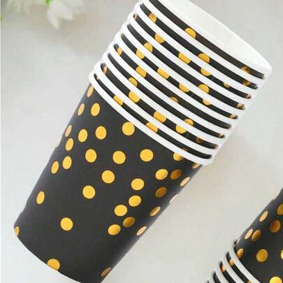 10/20个装黑金主题派对纸杯，加厚饮料杯，金色波点图案，适合生日派对、家庭聚会、同学聚会、户外野餐等场合。