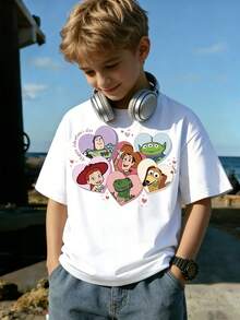 Disney 1 Fashionable Children's Round Neck T-Shirt, Made Of 100% Pure Cotton Material, Soft And Comfortable, Suitable For Daily Wear, Vacation And Leisure, Outdoor Exploration, Campus Life, And Shopping. It Is A Must-Have For Summer And An Excellent Choice For Gift Giving. - 白色 - 查看 1