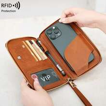 Travel Must-Have Multifunctional Credit Card Wallet, Solid Color RFID Anti-Theft+Passport And Ticket Storage Zipper Seal+Wristband Portable Cross-Border ID Bag - 粉色 - 查看 5