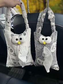 1pc Grey & White Plush Tissue Box, Car Hanging Tissue Paper Holder - Tissue Box - View 8