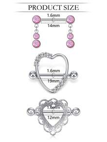 乳环不锈钢心形蝴蝶月亮花锆石耳钉舌环套装可爱乳环穿刺饰品女士粉色 - 銀色和粉紅色 - 查看 2