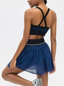 Leorrey Women's Fashion Contrast Color Ribbed Crew Neck Hollow-Out Back Camisole High Waist Mesh Pleated Anti-Exposure Lining Skirt Set - Blue - View 9