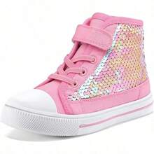 High Top Kids Sneakers Breathable Non Slip Glitter Canvas Shoes Cute Hook Loop Walking Casual Shoes For Toddler Boys And Girls Everyday Wear - Kim sa màu hồng - Xem 10
