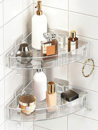 1/2pcs Large-Capacity, Space-Saving Transparent Acrylic Corner Desktop Shelf Is A No-Drill, Adhesive Storage Rack With Adjustable Shelves And Side Hooks. It Is Perfect For Storing Office Supplies, Cosmetics, And Small Items In Small Offices, Dormitories, And Cubicles.