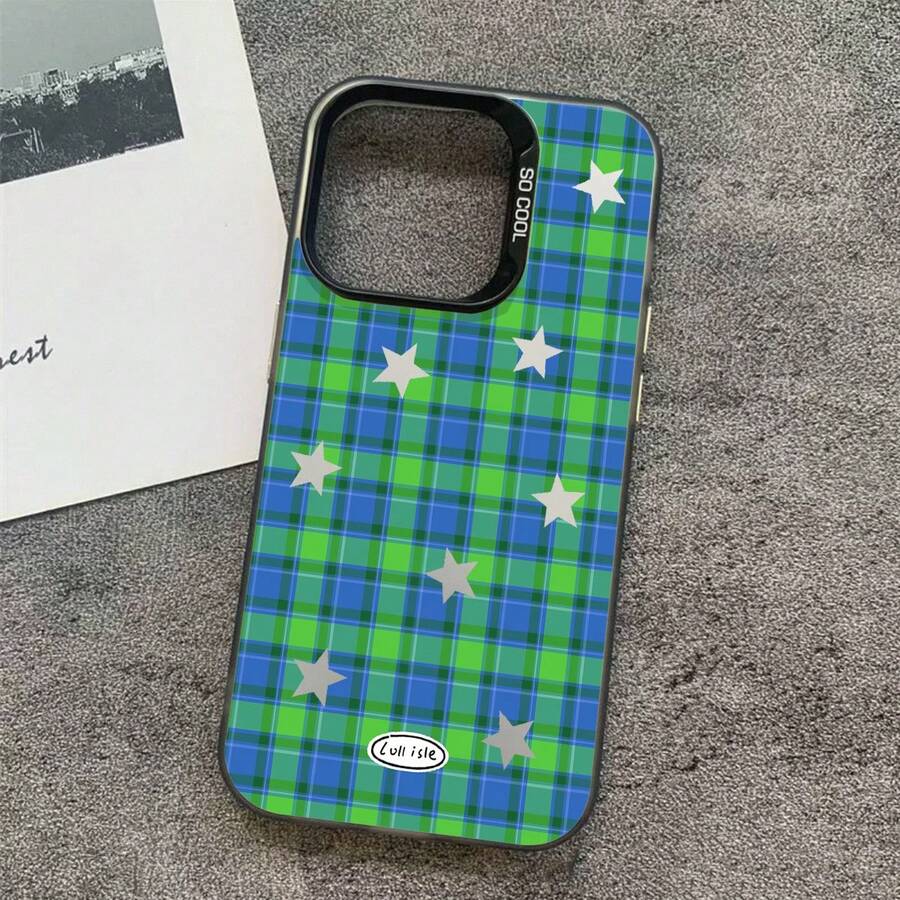 Fashionable Blue-Green Plaid Star Pattern Luxury Gradient Black-Silver Silicone Soft Edge Acrylic Hard Back Thick PC Metal Button Protective Phone Case Compatible With IPhone/ - Black - View 1