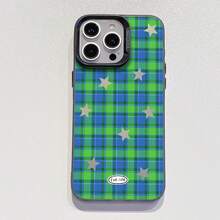 Fashionable Blue-Green Plaid Star Pattern Luxury Gradient Black-Silver Silicone Soft Edge Acrylic Hard Back Thick PC Metal Button Protective Phone Case Compatible With IPhone/ - Black - View 6