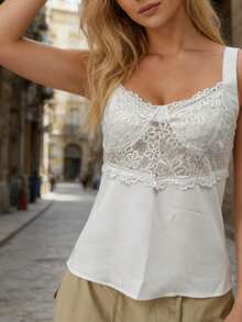 Women's Lace Patchwork Tank Tops Summer Fashionable V Neck Ruffle Hem Going Out Vest - Ivory - View 4