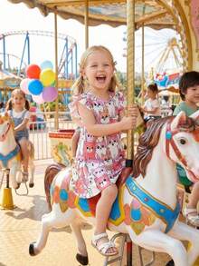 Girls' Cute Cat Print Casual Dress, Ruffle Sleeves, A-Line Skirt, Suitable For Vacation & Daily Wear In Summer, Girls Dress - Pink - View 2