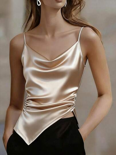 New Knitted Satin Plunging Neck Camisole Top For Women, Fitted Asymmetrical Hem Sleeveless Shirt For Summer