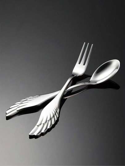 1pc/2pcs/4pcs/6pcs High-Quality 304 Stainless Steel Fork & Spoon Set, Creative Fruit Fork Minimalist Spoon Angel Wing Shaped Fruit Fork, Coffee Spoon Tableware, Suitable For Kitchen, Bedroom, Dining Room, Hotel