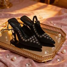 Women's Luxury Crystal Decor Asymmetric Crystal Heel Mule Shoes, Pointed Toe Single Strap High Heels, Velvet Texture, Elegant Party Pumps, Black - Black - View 4