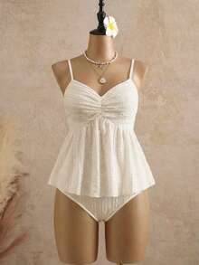 Áo bikini hai dây màu mơ, chất liệu dệt kim, viền bèo nhún, eo chun, kiểu dáng thanh lịch dành cho nữ mùa hè, đi biển, nghỉ mát, dự tiệc và mặc thường ngày. - Màu be - Xem 1