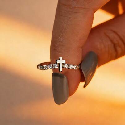 1pc S925 Silver Luxury Cross Design Ring With Shiny Zirconia Stone, Elegant Quality Jewelry For Women, High-Quality Wedding/Engagement Wear, Exquisite Gift For Loved One