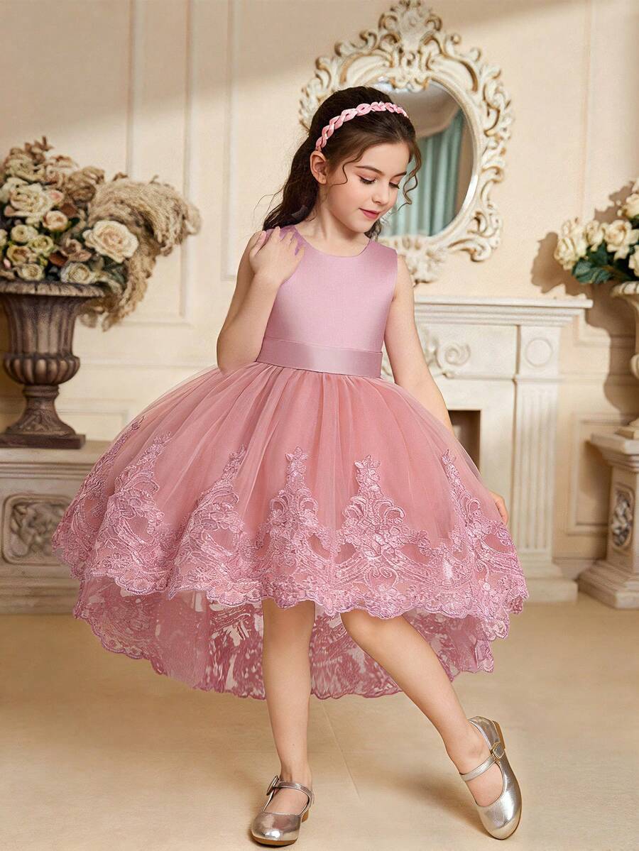 Váy cưới đính hoa thanh lịch bằng vải tuyn thêu nơ satin cho bé gái, thích hợp cho tiệc sinh nhật, không bao gồm băng đô - Bụi hồng - Xem 1