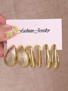 3 Pairs/6 Pairs CCB Geometric Golden Earrings, Elegant Gift Set For Friends, Dates, Gatherings - Gold - View 5