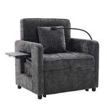 Two-In-One Sleeper Chair, Single Sleeper Sofa, Chenille Armchair (With Cushions And Side Pockets), With A Small Table On One Side And A Storage Bag On The Other, Complete - Dark Grey - View 12