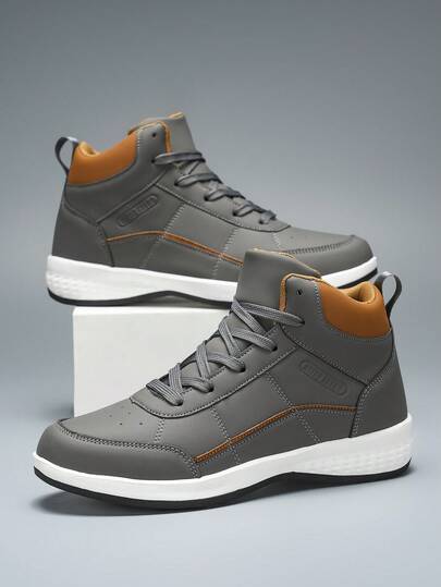 Men's High-Top Casual Sports Shoes - Non-Slip Sole, Lace-Up Closure, PU Material - Suitable For All Seasons, Available In Plus Sizes