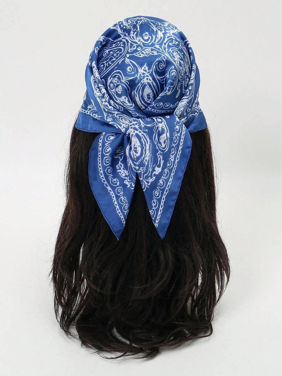 1 pieza Pañuelo cuadrado impreso simple de 70cm, nuevo pañuelo de primavera para mujer, versátil para atar a la cintura, diadema, pañuelo de moda - Azul Marino - Ver 1