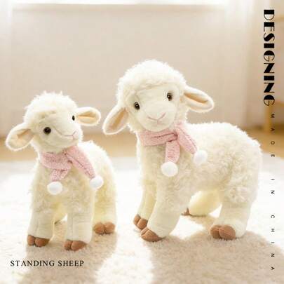 1个可爱卡通站立绵羊毛绒玩偶，柔软可爱围巾绵羊毛绒玩偶抱枕，儿童房装饰，生日/儿童节/复活节/母亲节礼物