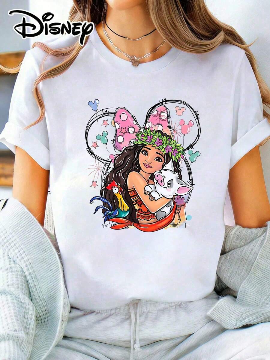 Women's Disney Moana And Pua Graphic Print Short Sleeve Cotton Tee, Casual Round Neck Regular Length Top For Everyday Wear - trắng - Xem 1
